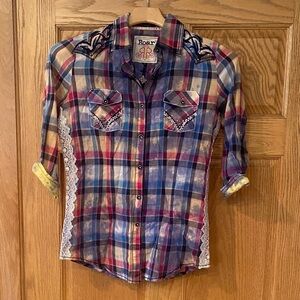 Roar Multicolor Plaid Shirt with Lace Trim
